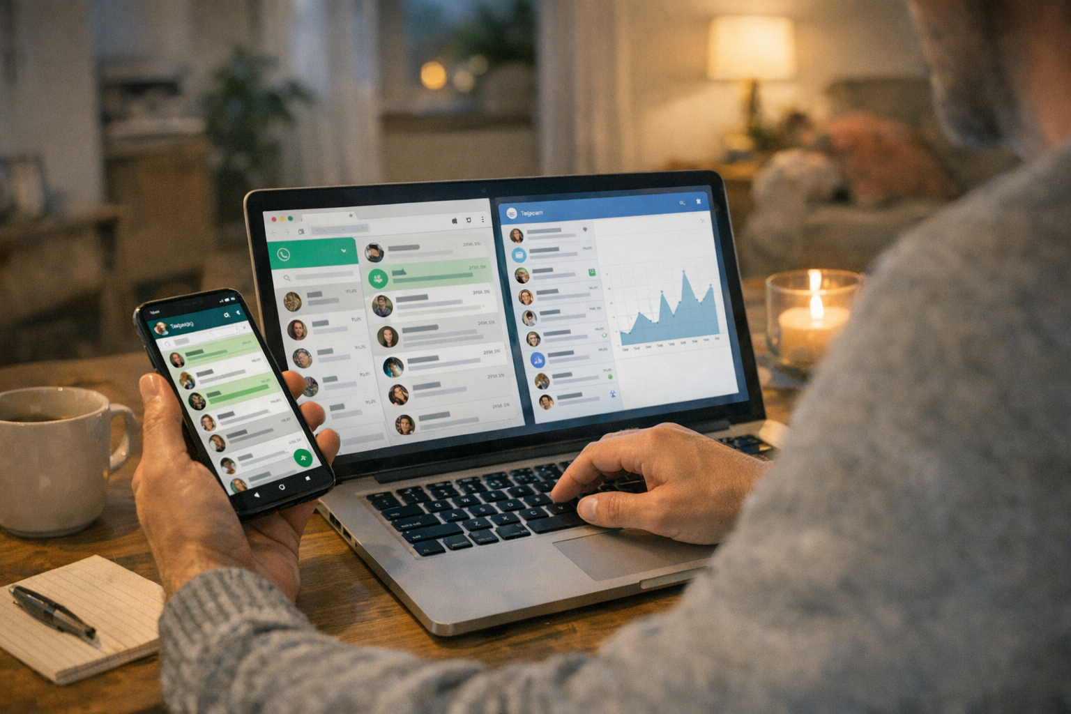 Eine realistische Nahaufnahme einer Person, die zu Hause Smartphone und Laptop n...