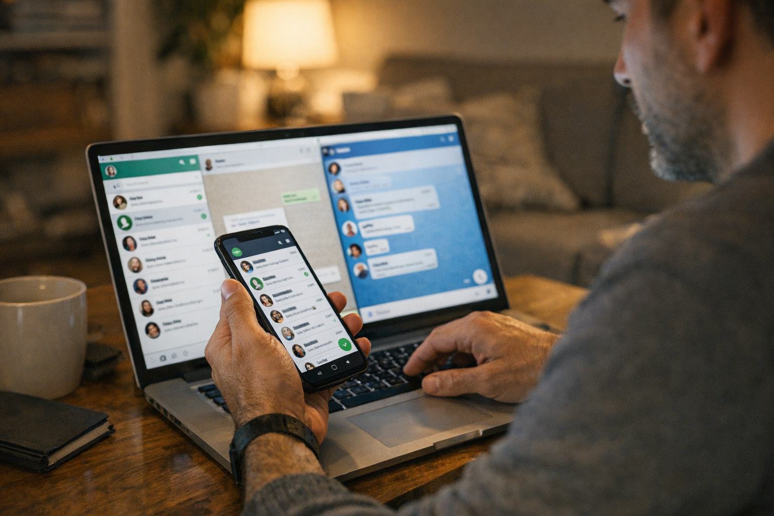 תקריב מציאותי של אדם המשתמש בסמארטפון ובמחשב נייד בבית כדי לבדוק דפוסי פעילות בא...