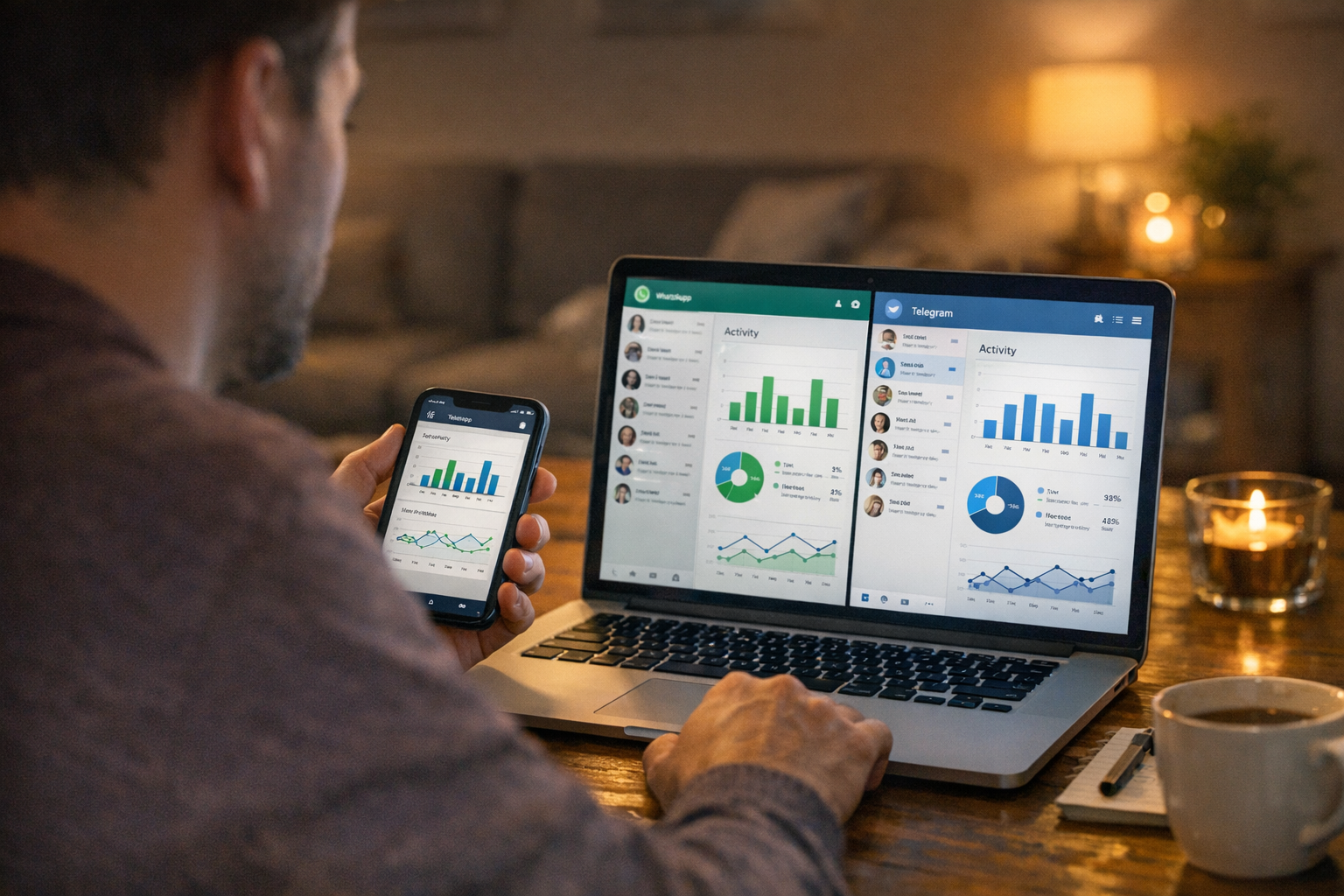 Valósághű közeli jelenet egy otthon okostelefont és laptopot használó emberről, ...