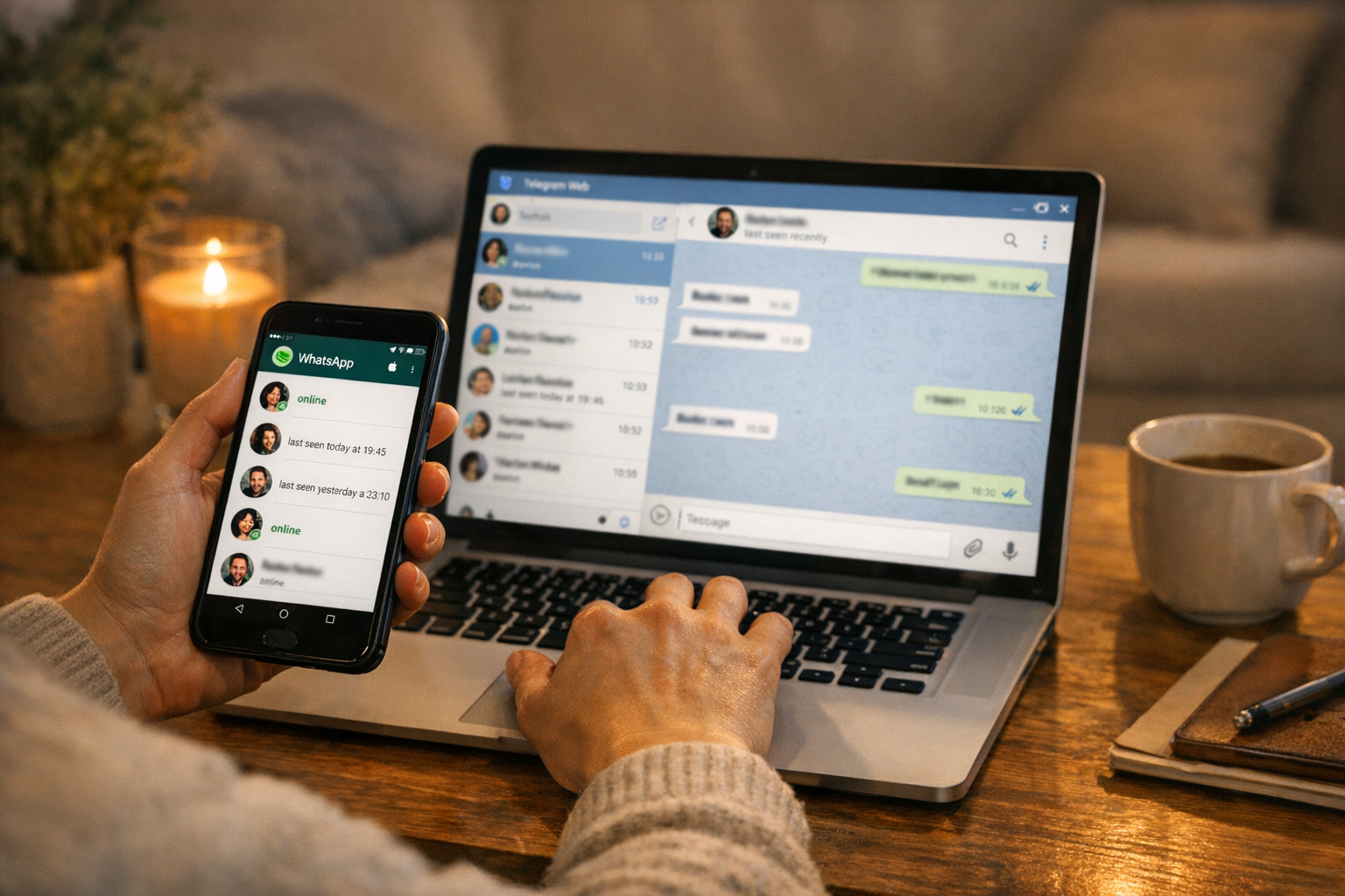 Realistyczne zbliżenie osoby używającej w domu smartfona i laptopa do przeglądan...