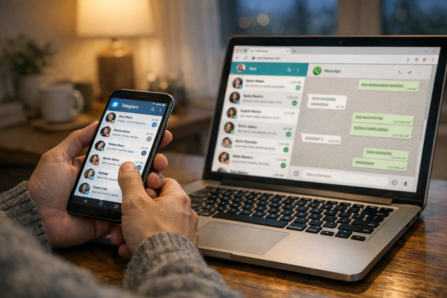 Um close realista de uma pessoa usando um smartphone e um notebook em casa para ...