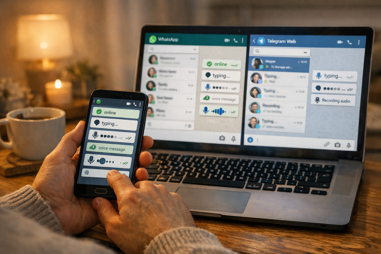 Реалистичный крупный план: человек дома использует смартфон и ноутбук, чтобы про...