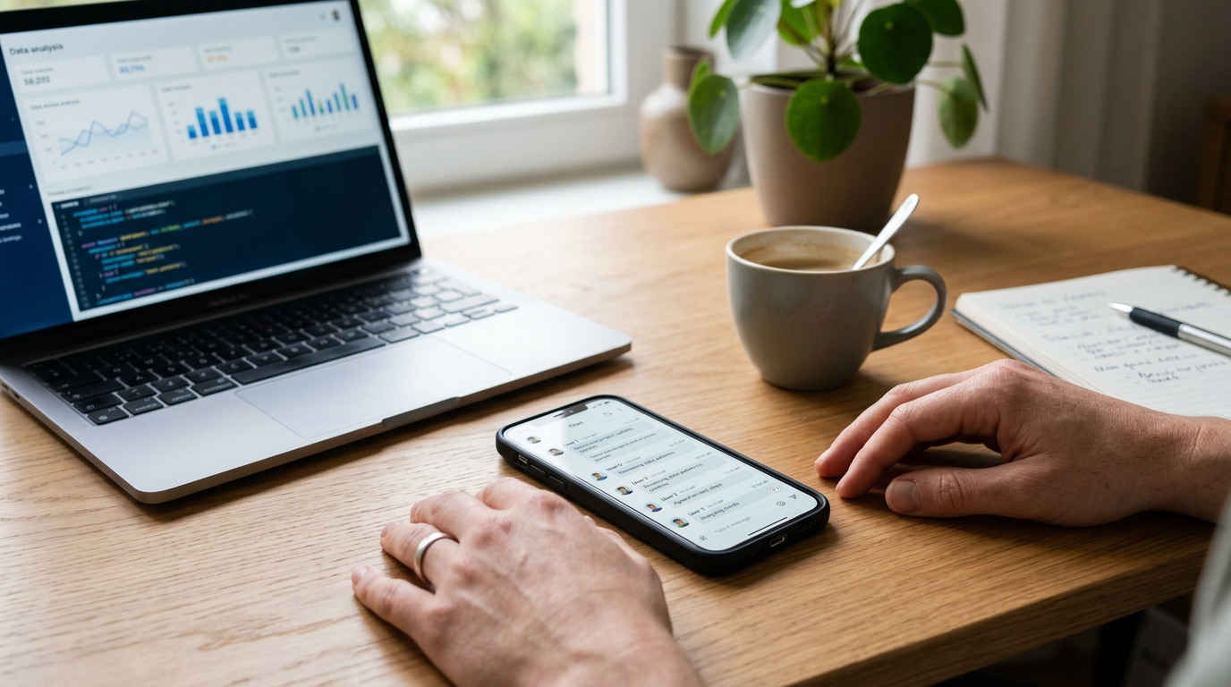 Genel bir sohbet etkinliği zaman çizelgesini gösteren akıllı telefonun yer aldığı bir masa üzerinde gerçekçi yakın plan görünüm...