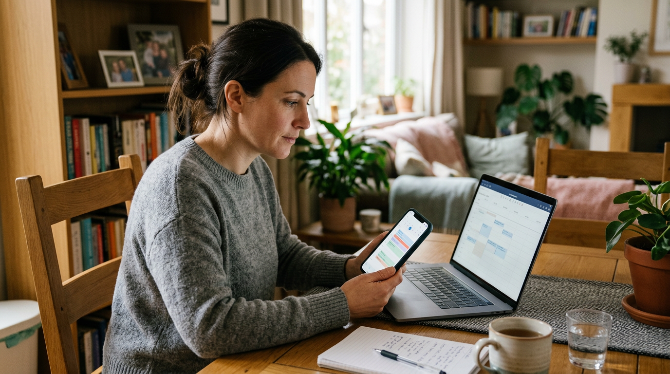مشهد واقعي داخل منزل عائلي لشخص بالغ يقارن بين هاتف ذكي وكمبيوتر محمول على طاولة...