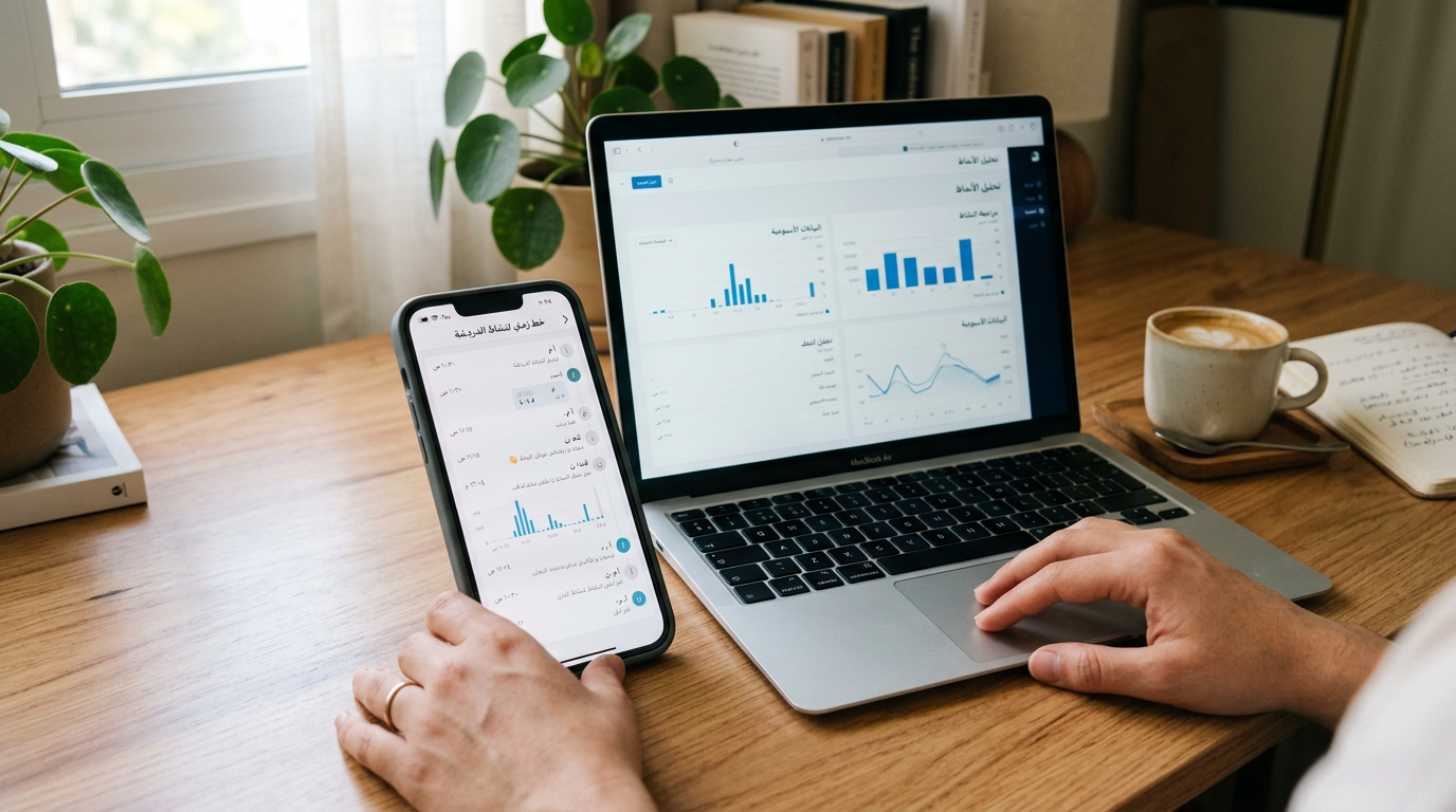 لقطة واقعية مقرّبة لمكتب عليه هاتف ذكي يعرض واجهة عامة لخط زمني لنشاط الدردشة، و...