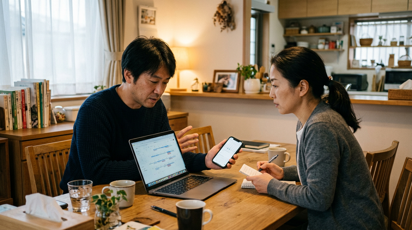 リアルな家庭のシーン。ダイニングテーブルで大人がスマートフォンとノートPCを見比べている。予定調整やデジタル習慣の確認をほのかに感じさせる構図。自然な室内、バラ...