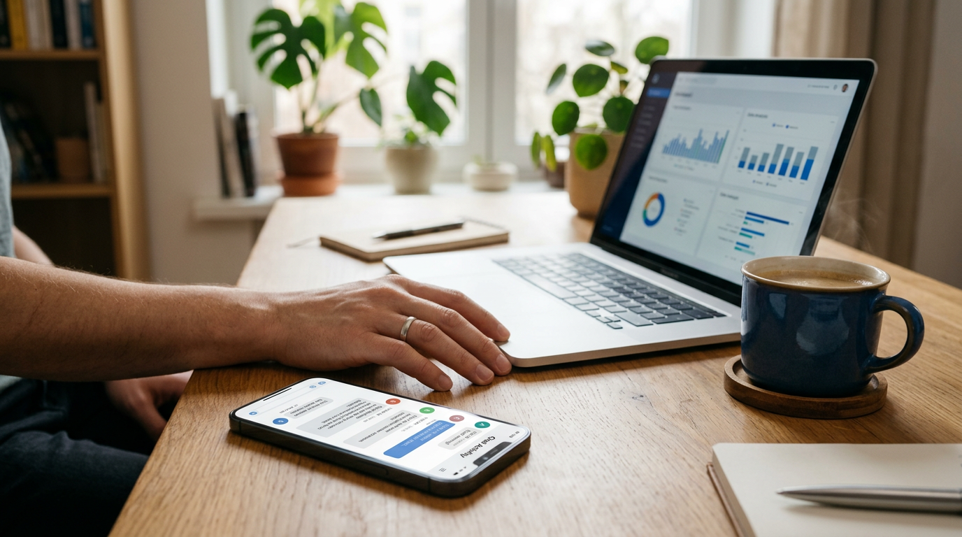リアルなクローズアップ。机の上に、汎用的なチャットアクティビティのタイムライン画面を表示したスマートフォン、近くに開いたノートPC、コーヒーカップ。やわらかな昼...