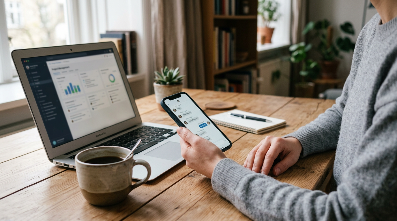 Realistisk nærbillede af et skrivebord med en smartphone, der viser en generisk ...