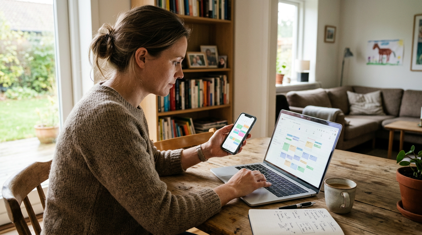 Realistisk scene i et familiehjem med en voksen, der sammenligner en smartphone ...
