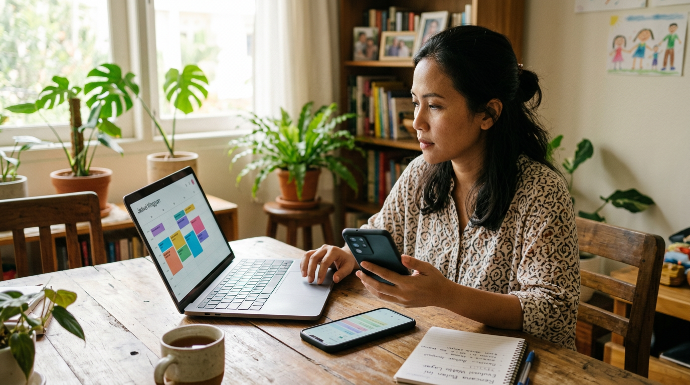 Adegan realistis di rumah keluarga dengan seorang dewasa membandingkan smartphon...
