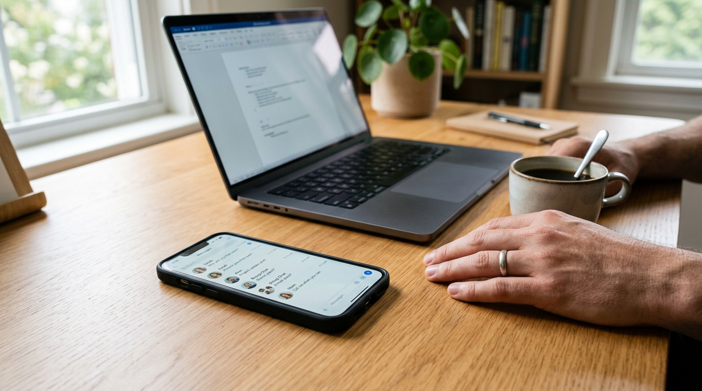 Close-up realistis sebuah meja kerja dengan smartphone yang menampilkan antarmuk...