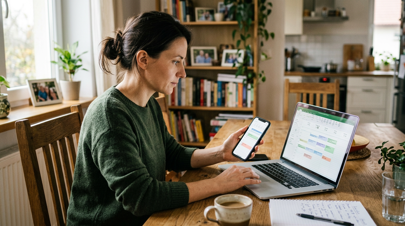 Realistyczna scena w rodzinnym domu, w której jedna dorosła osoba porównuje smar...