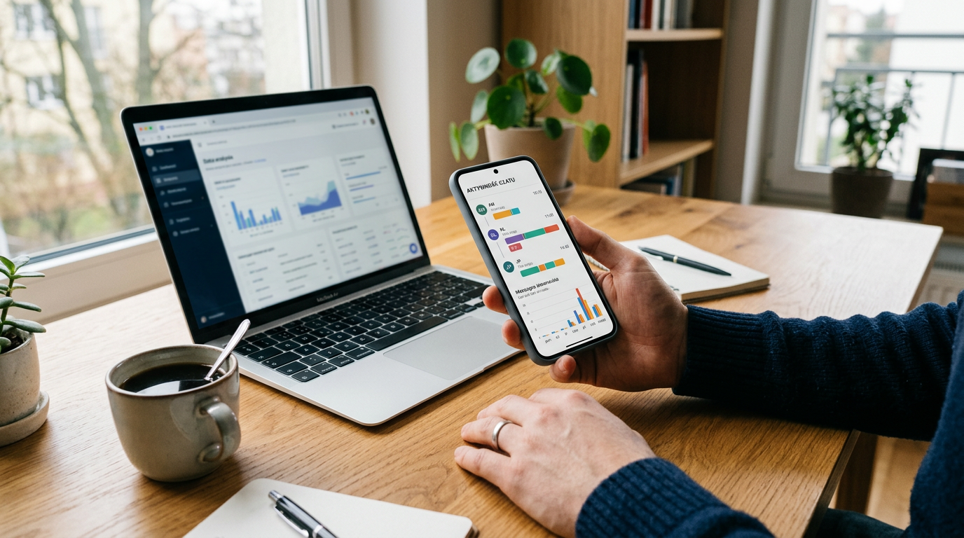 Realistyczne zbliżenie biurka ze smartfonem pokazującym ogólny interfejs osi akt...