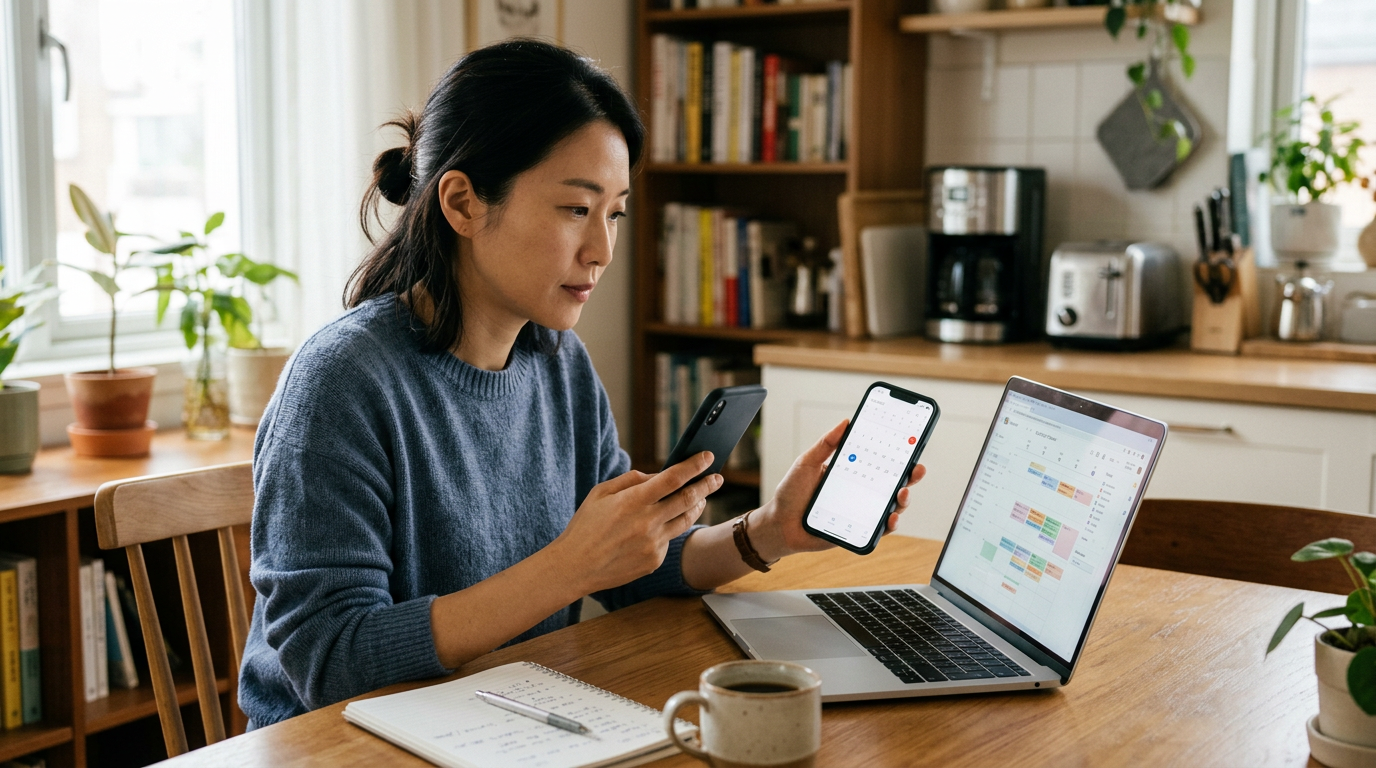 사실적인 가정집 장면. 식탁에서 한 성인이 스마트폰과 노트북을 비교하며 일정 계획과 디지털 루틴을 검토하는 모습. 자연스러운 실내 분위기, 균형...