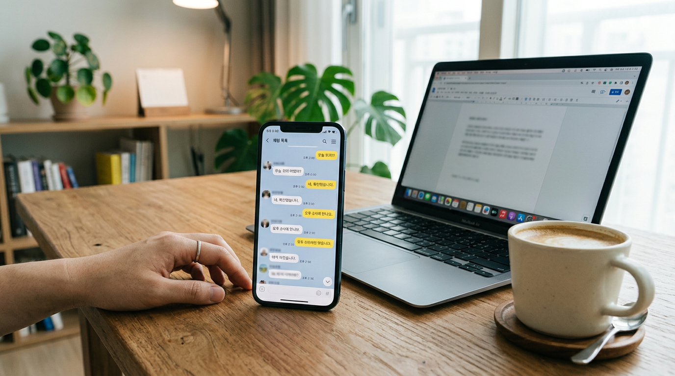 사실적인 클로즈업 장면. 일반적인 채팅 활동 타임라인 인터페이스가 보이는 스마트폰이 책상 위에 놓여 있고, 옆에는 열린 노트북과 커피잔이 있는 ...