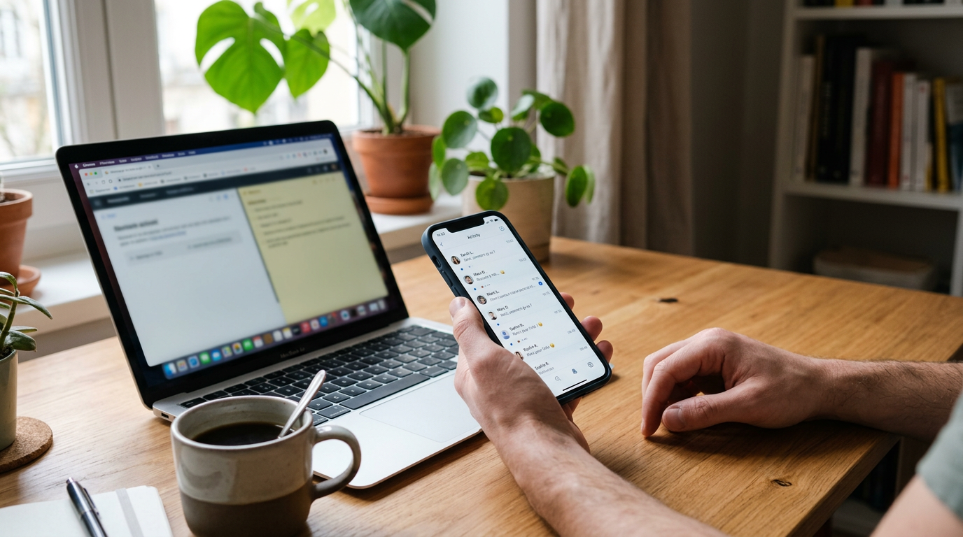 Gros plan réaliste d’un bureau avec un smartphone affichant une interface généri...