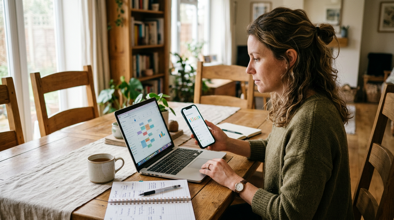 Scène réaliste dans un foyer avec un adulte comparant un smartphone et un ordina...