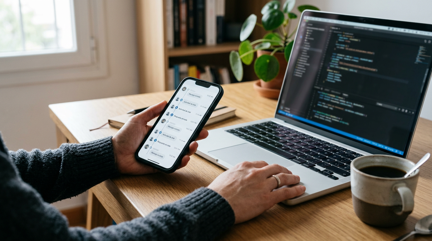 Primer plano realista de un escritorio con un smartphone mostrando una interfaz ...