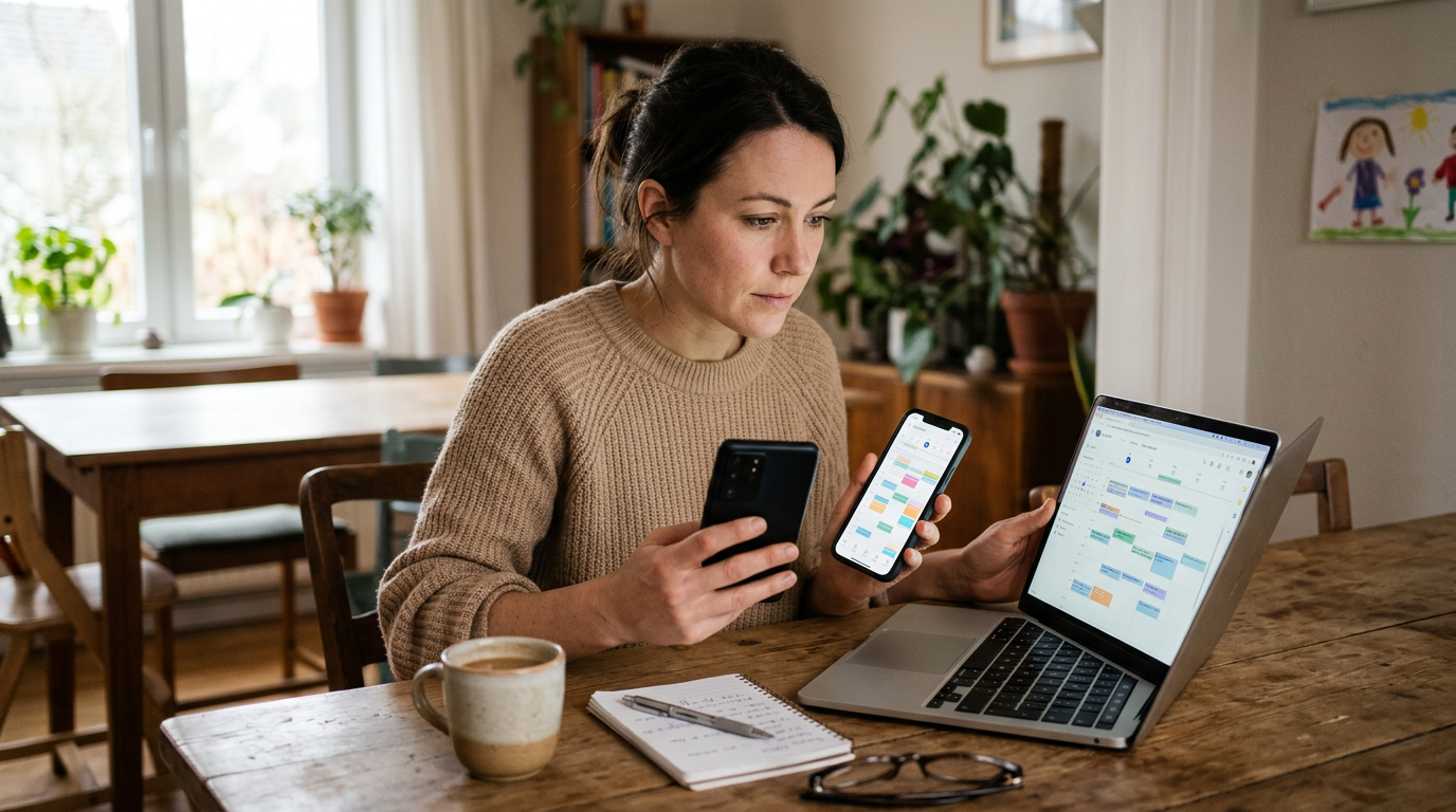 Escena realista en un hogar familiar con un adulto comparando un smartphone y un...