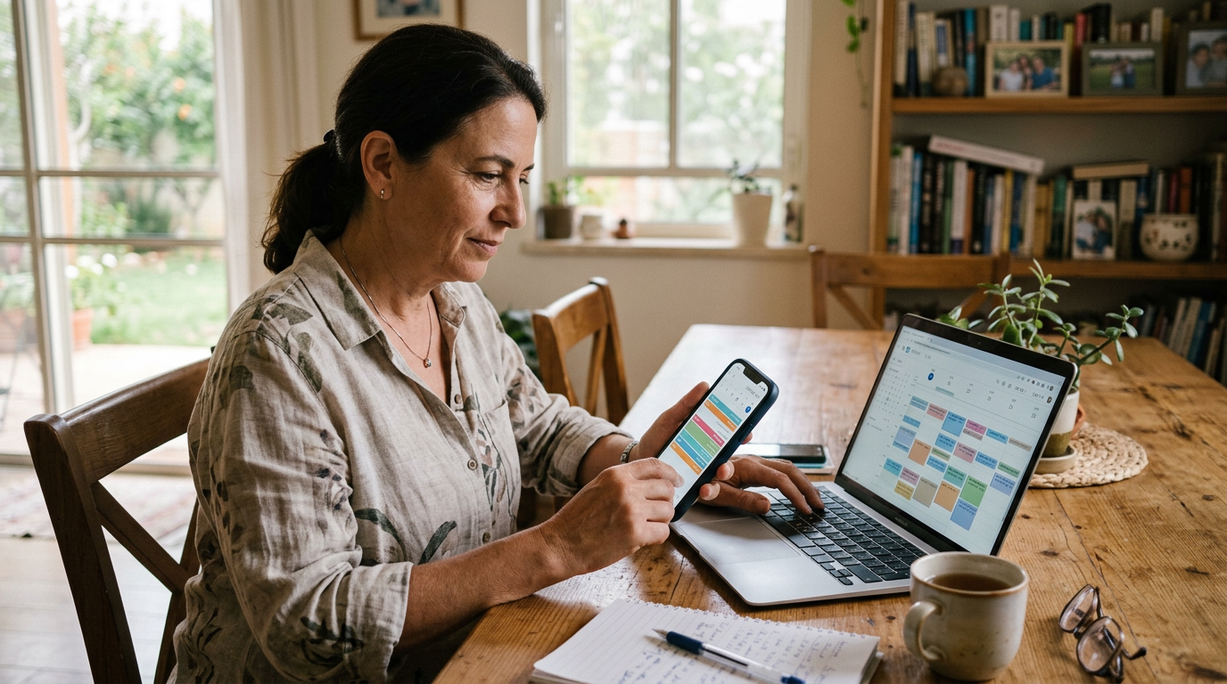 סצנה ריאליסטית בבית משפחתי עם מבוגר אחד שמשווה בין סמארטפון למחשב נייד ליד שולחן...