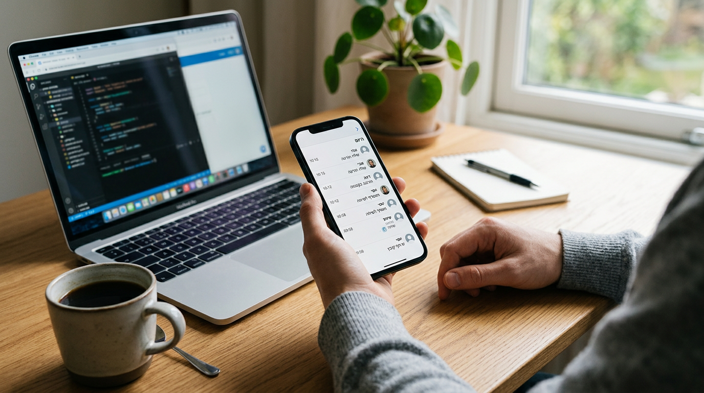 תקריב ריאליסטי של שולחן עבודה עם סמארטפון המציג ממשק כללי של ציר זמן פעילות בצ'א...