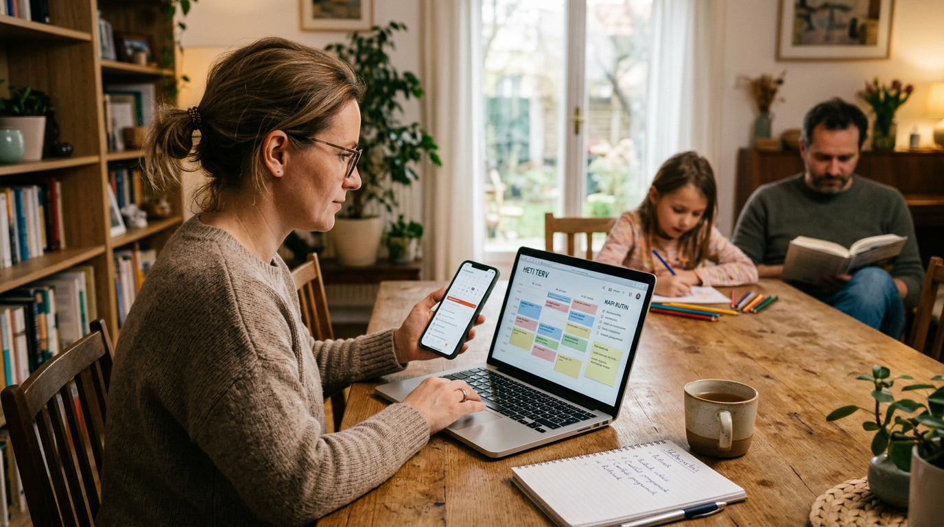 Valósághű családi otthoni jelenet, ahol egy felnőtt egy okostelefont és egy lapt...