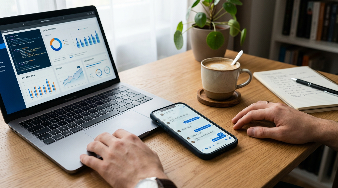 Valósághű közeli kép egy íróasztalról, rajta egy okostelefonnal, amely általános...