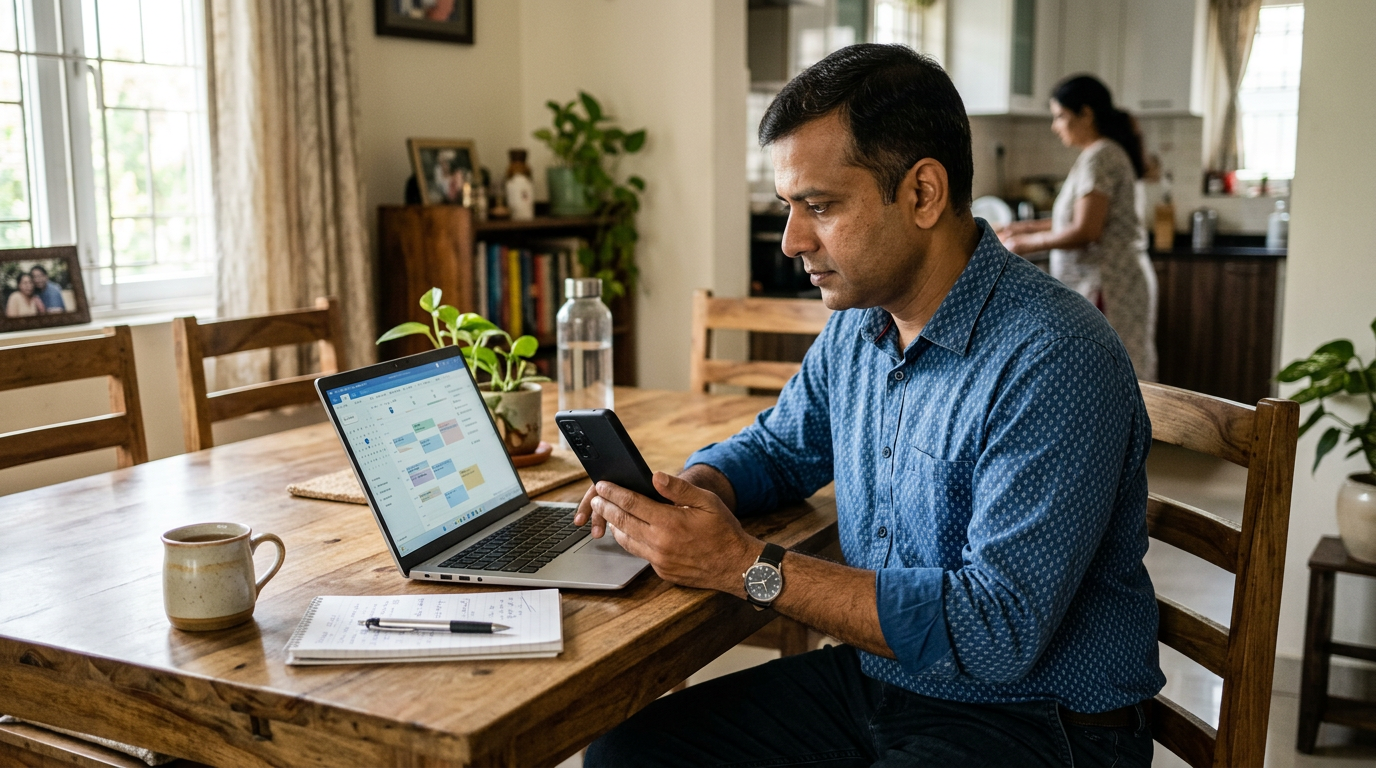 परिवार के घर का यथार्थवादी दृश्य, जिसमें dining table पर बैठा एक वयस्क स्मार्टफो...