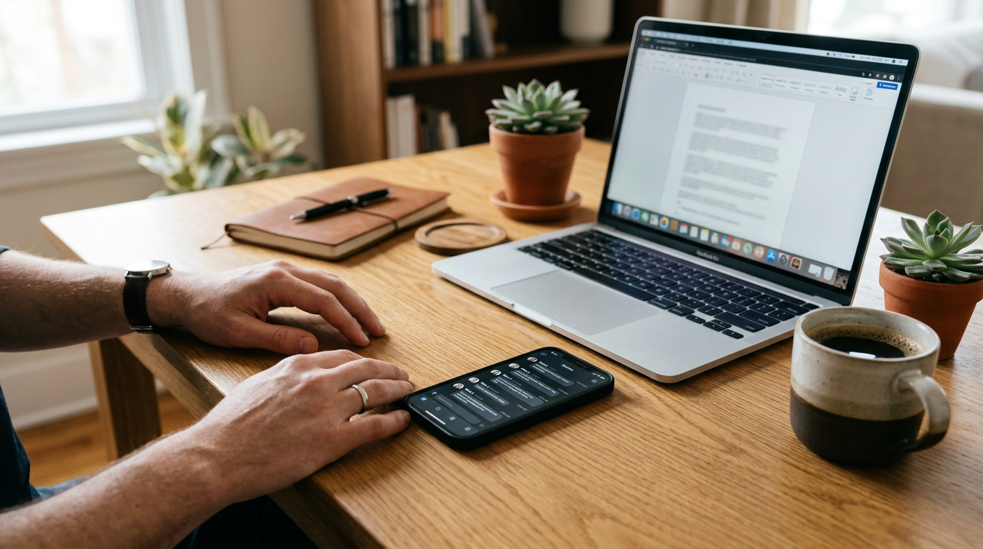 真实风格的办公桌近景：一部智能手机显示通用聊天活动时间线界面，旁边打开着笔记本电脑，还有咖啡杯，柔和日光，双手自然放置，营造平静查看规律的氛围，现代家庭办公环境...
