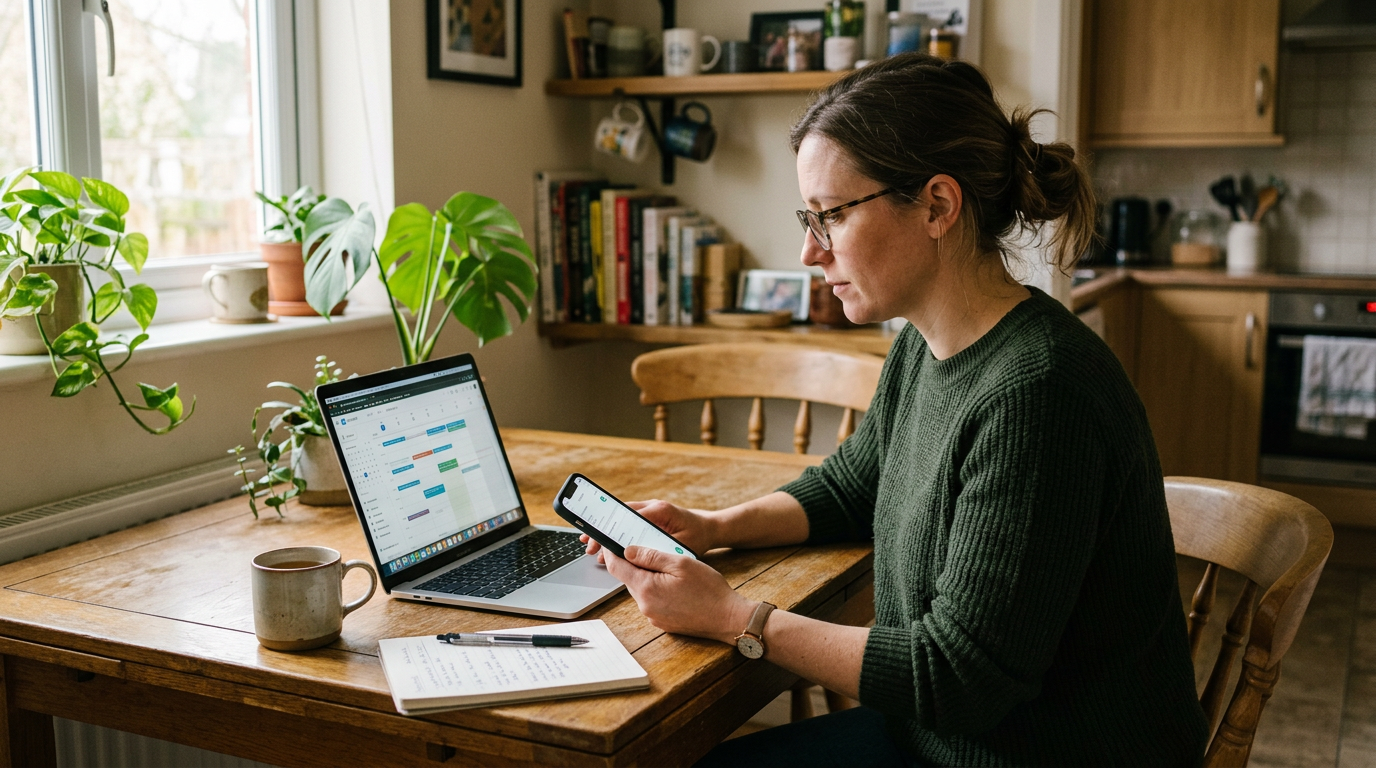 真实的家庭居家场景：一位成年人坐在餐桌前，对照查看智能手机和笔记本电脑，带有轻微的日程规划和数字习惯回顾氛围，自然室内环境，构图均衡，抓拍摄影风格，不出现可见品...