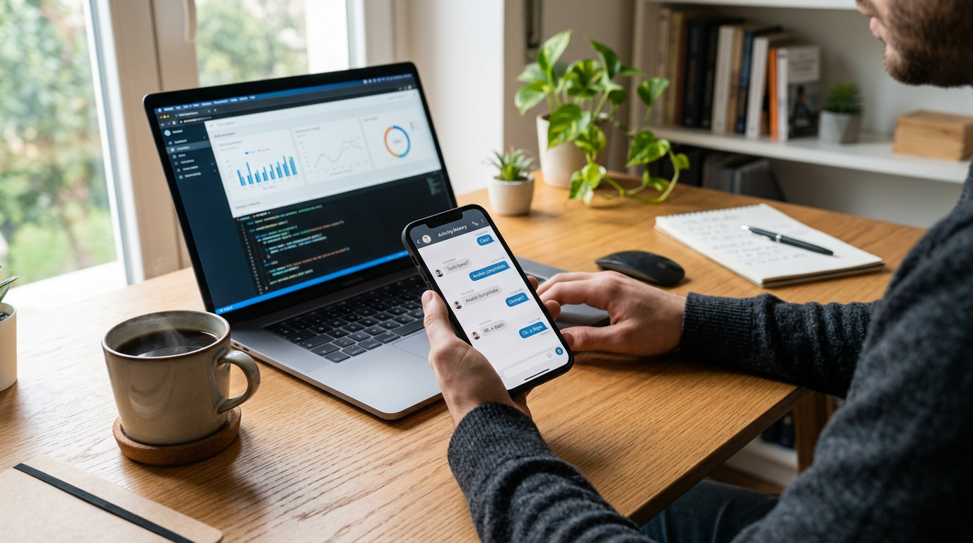 Primo piano realistico di una scrivania con uno smartphone che mostra un’interfa...