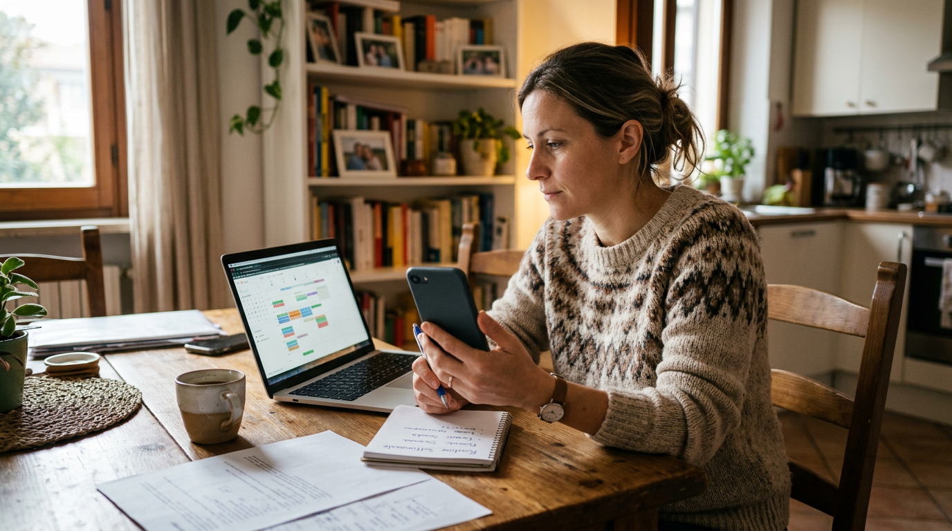 Scena realistica in una casa di famiglia con un adulto che confronta uno smartph...