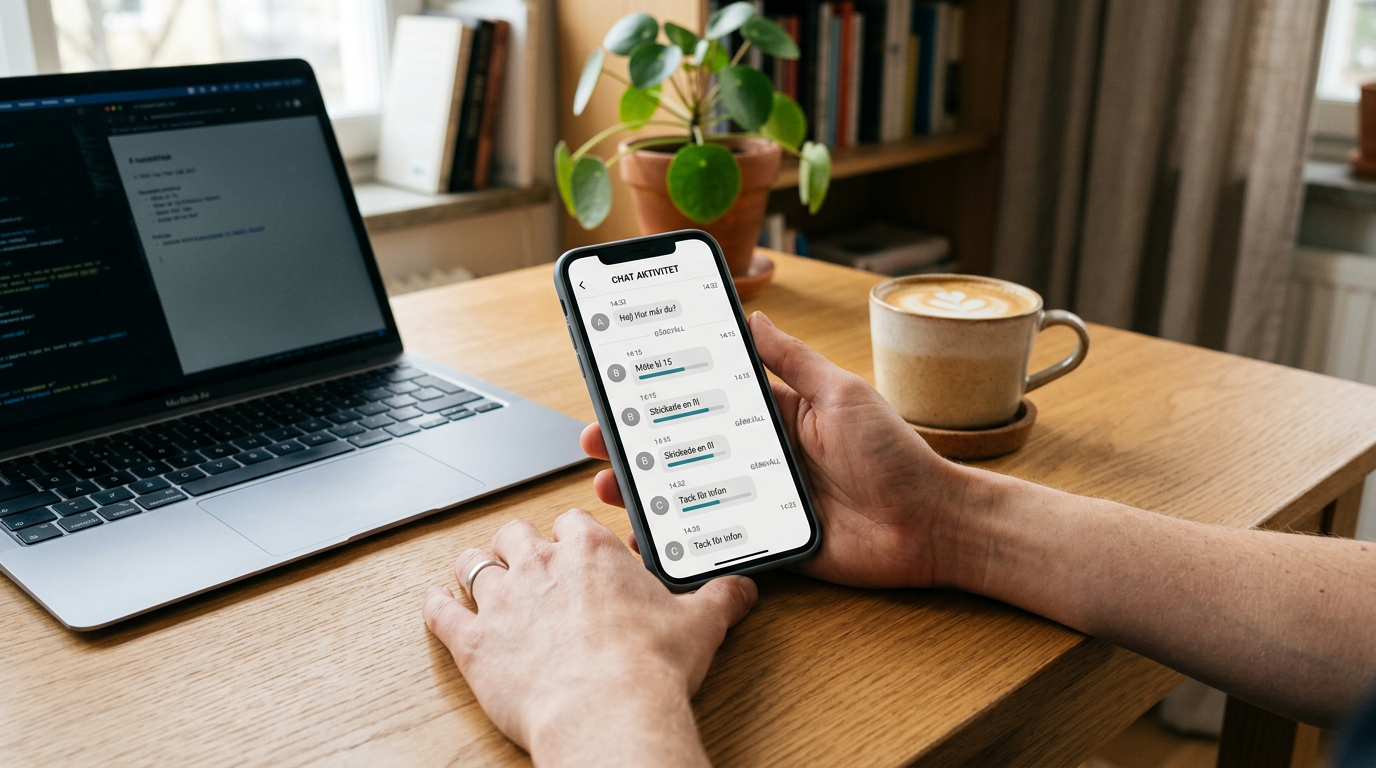 Realistisk närbild av ett skrivbord med en smartphone som visar ett generiskt gr...