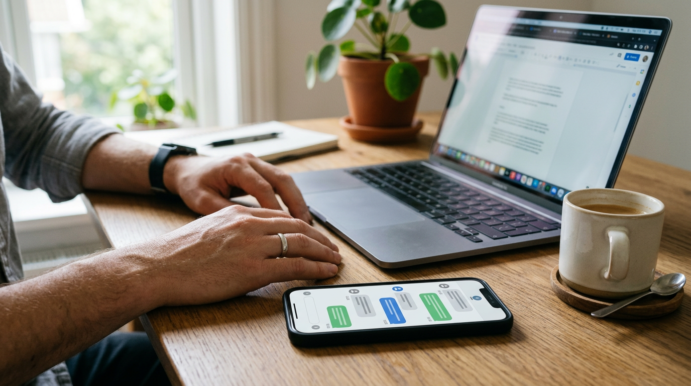Realistische close-up van een bureau met een smartphone waarop een algemene tijd...