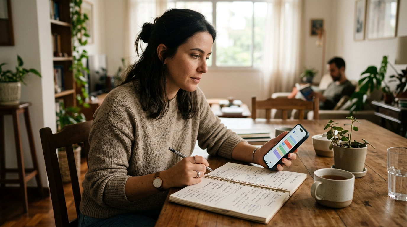 Cena realista em ambiente familiar, com um adulto comparando um smartphone e um ...
