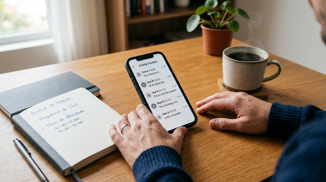 Close realista de uma mesa com um smartphone mostrando uma interface genérica de...