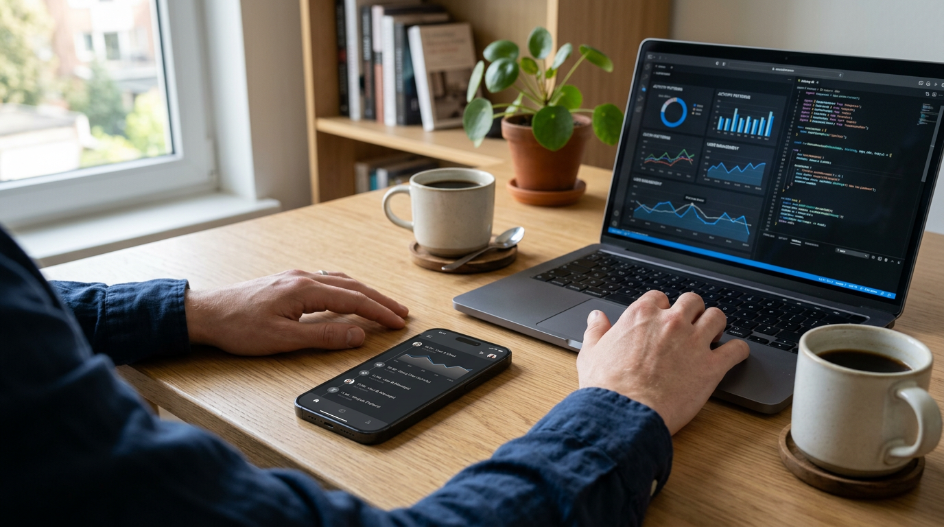 Реалистичный крупный план рабочего стола: смартфон с нейтральным интерфейсом тай...