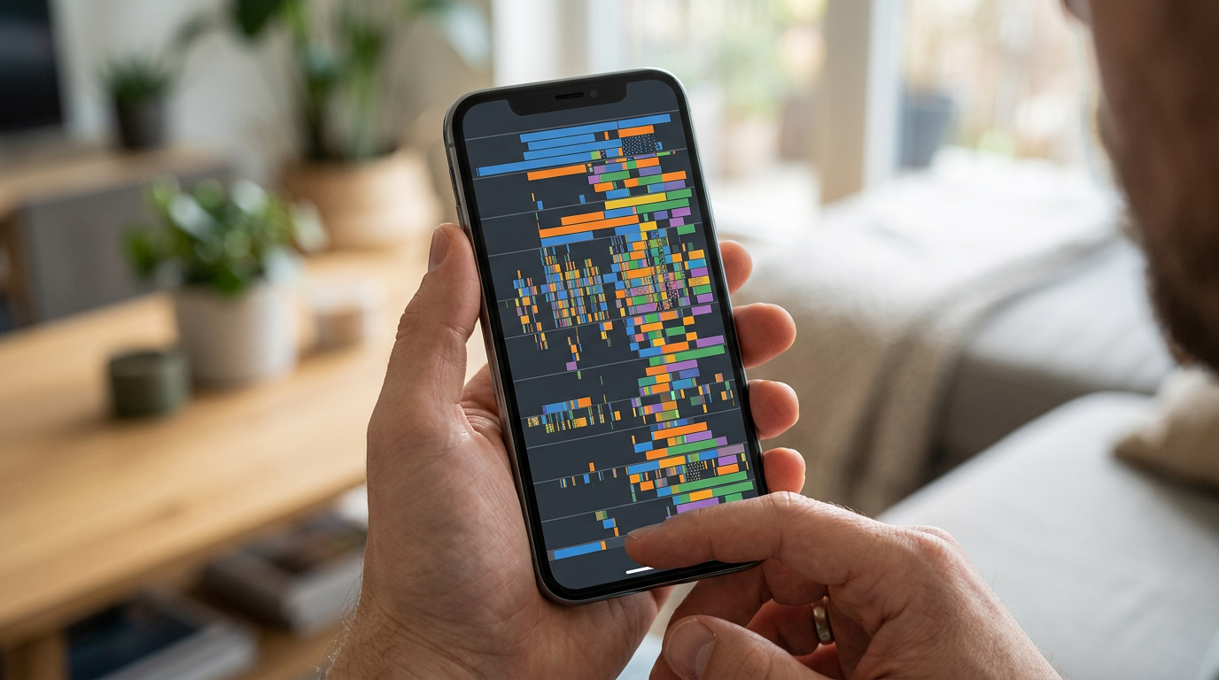 Et realistisk nærbillede af en smartphone i hånden med abstrakte diagramlignende aktivitetsmønstre...