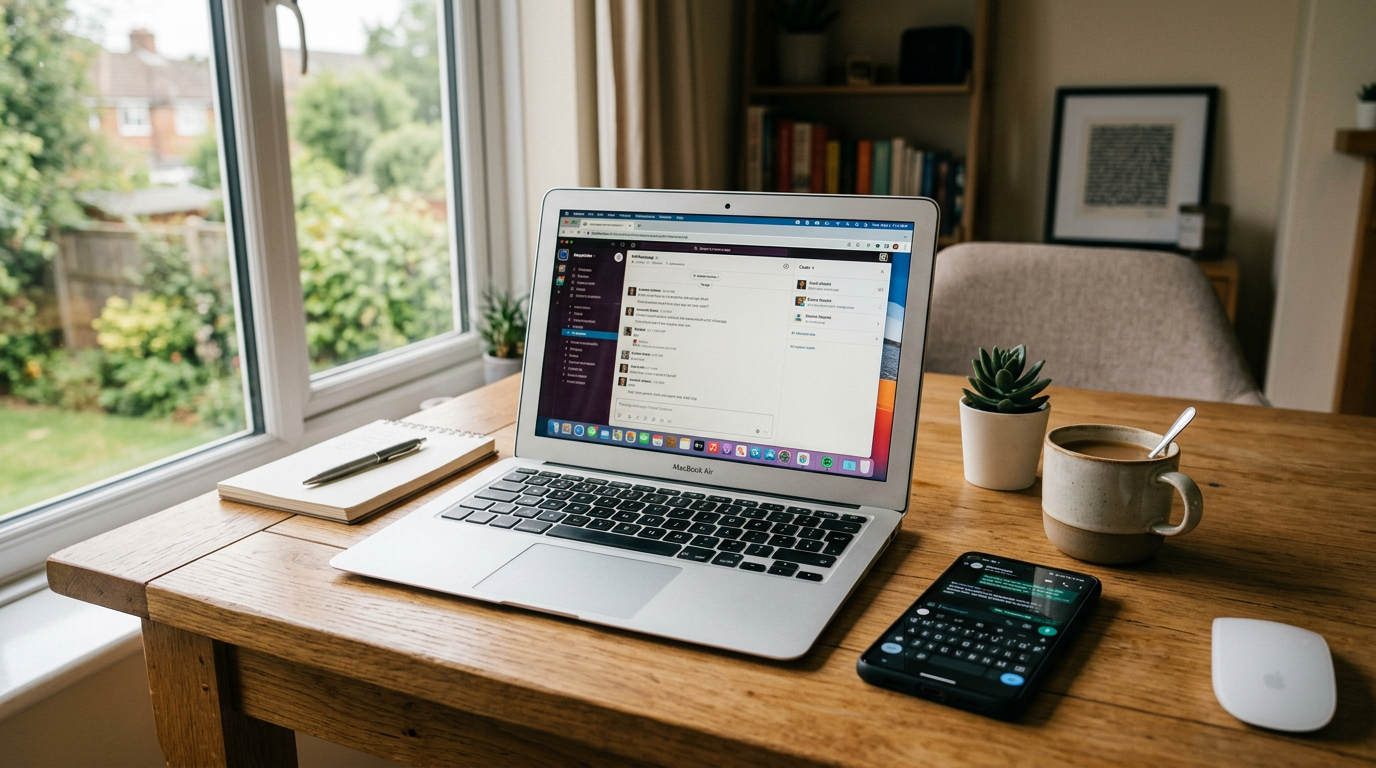 Et realistisk skrivebordsmiljø med en åben laptop og en smartphone ved siden af, som antyder...