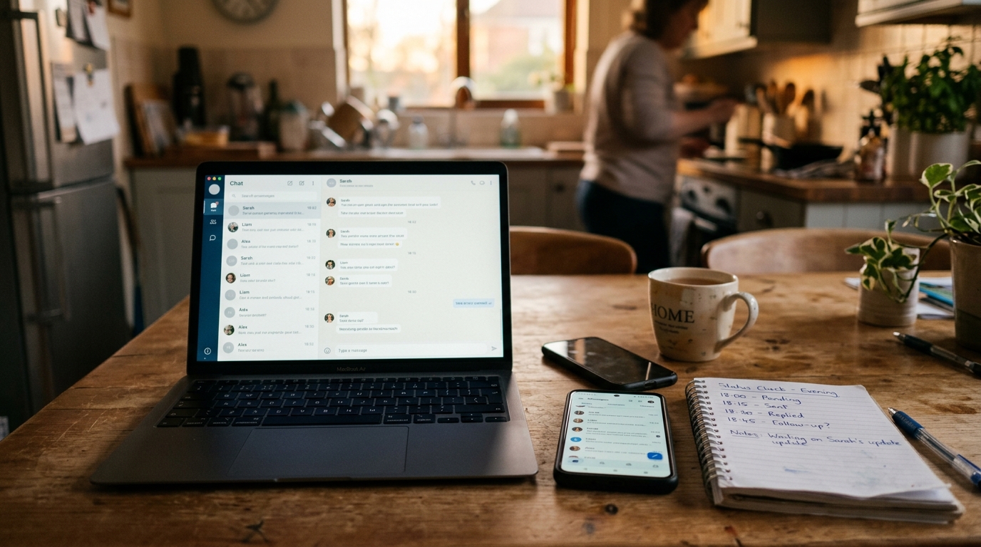 Et realistisk nærbillede af en bærbar computer og en smartphone på et køkkenbord om aftenen