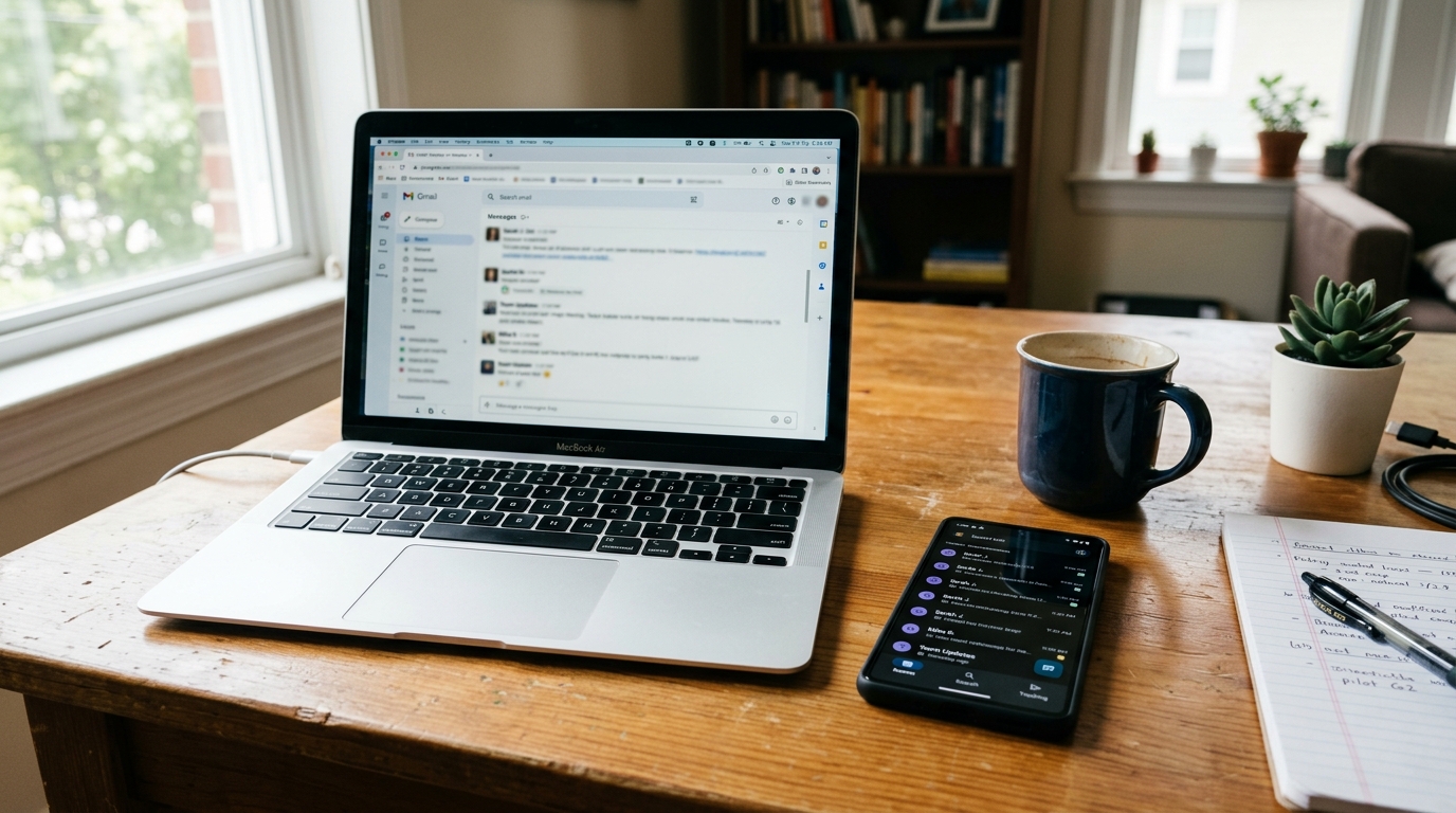 एक वास्तविक कार्यस्थल, जहाँ डेस्क पर रखे स्मार्टफ़ोन के साथ लैपटॉप में धुंधला ब्राउज़र इंटरफ़ेस दिख रहा है