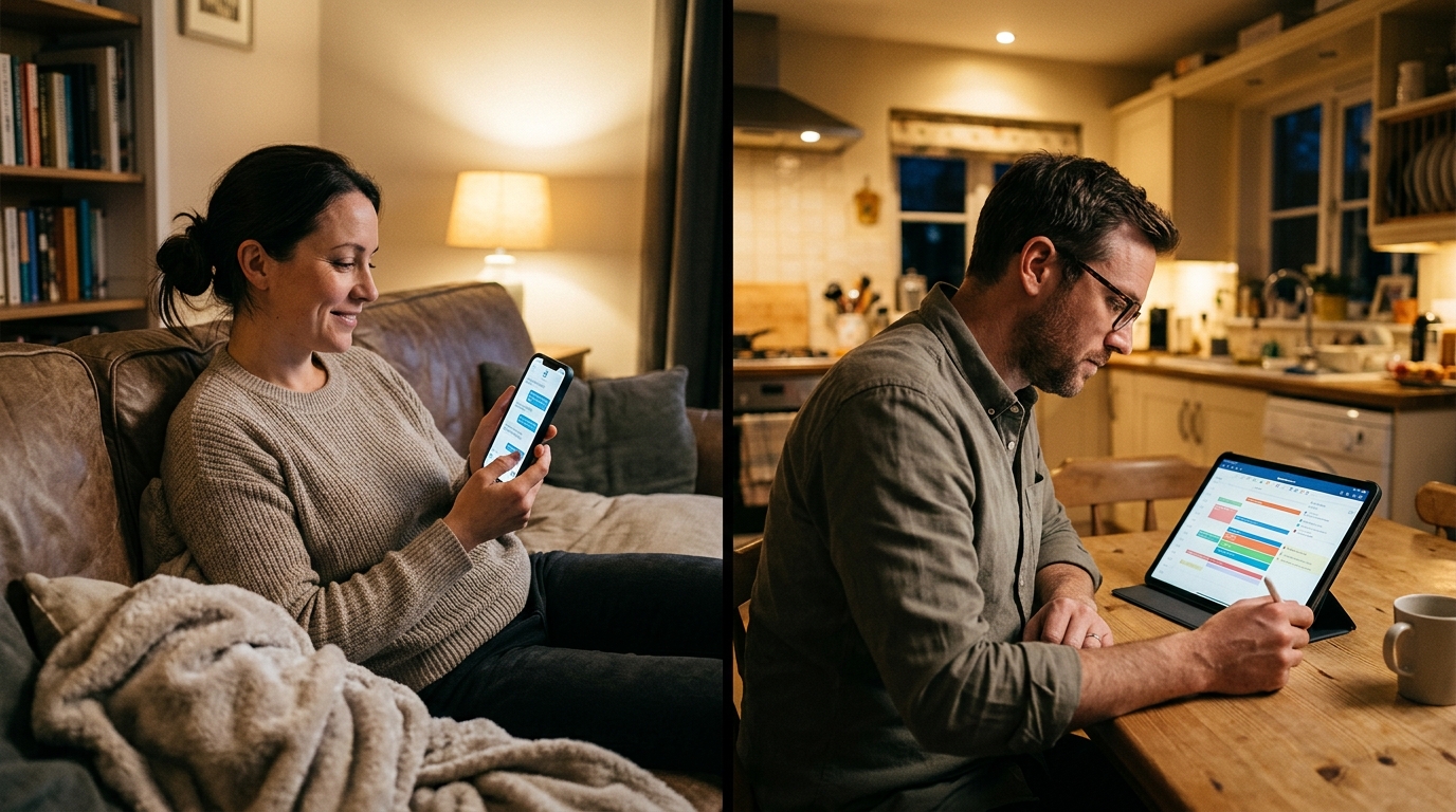 एक वास्तविक स्प्लिट-सीन संरचना, जिसमें दो डिवाइसों पर अलग-अलग मैसेजिंग दिनचर्याएँ दिखाई गई हैं