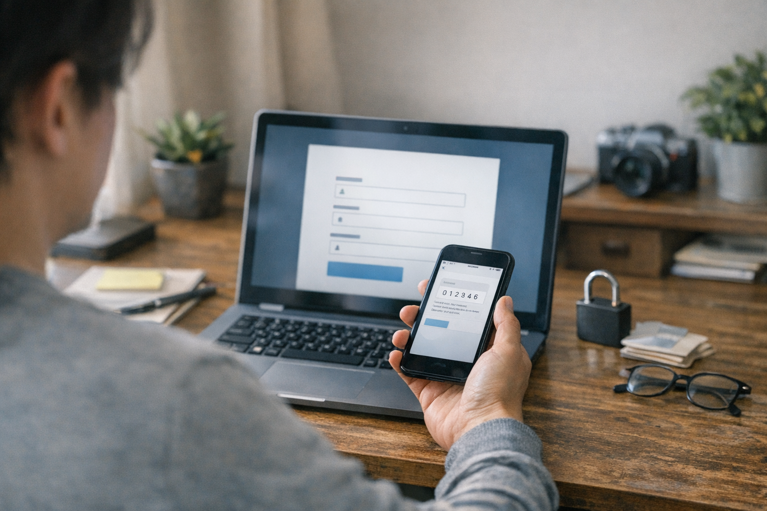 A person registering for an online service on a laptop while checking a smartpho...