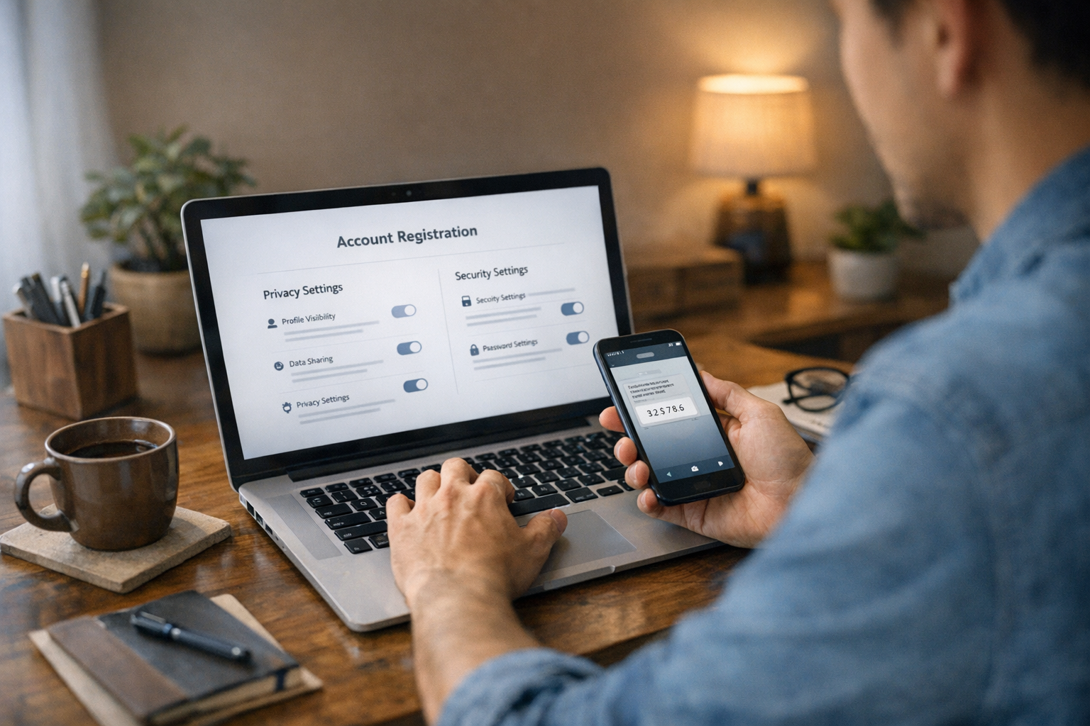 Seseorang mendaftar ke layanan online di laptop sambil memeriksa smartphone untu...
