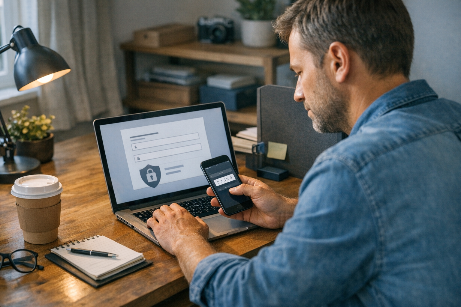 Osoba rejestrująca się w usłudze online na laptopie, jednocześnie sprawdzająca n...