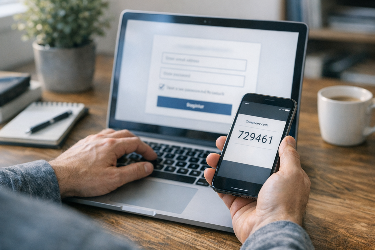 Eine Person registriert sich auf einem Laptop für einen Onlinedienst und prüft g...