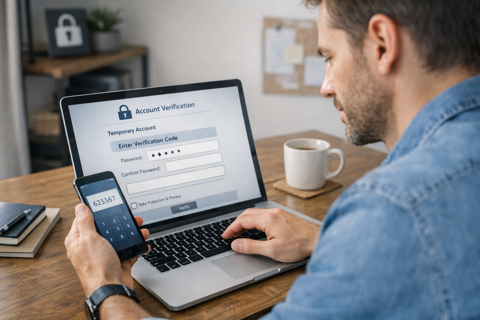 Egy ember online szolgáltatásra regisztrál laptopon, miközben okostelefonon elle...