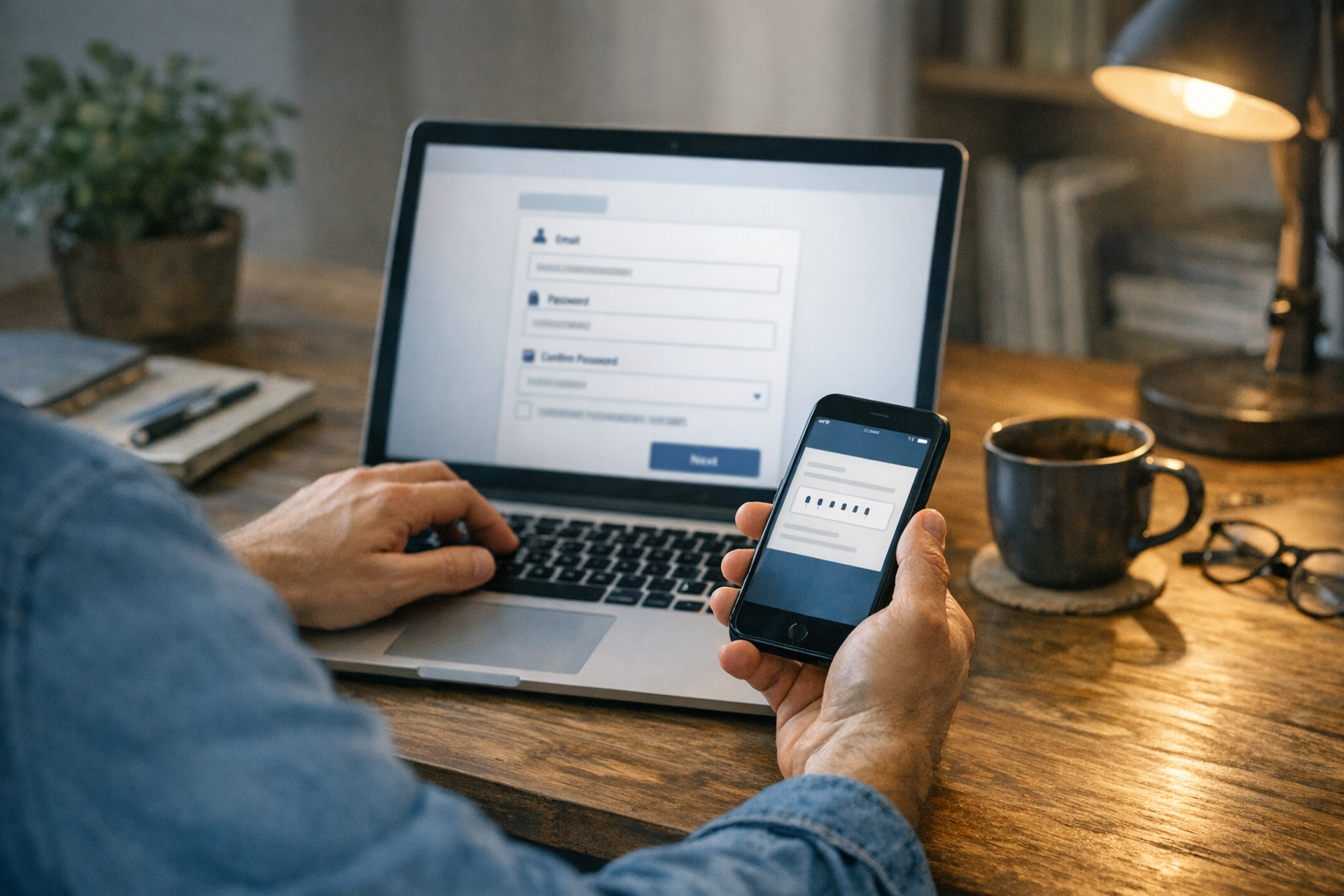 En person som registrerar sig för en onlinetjänst på en laptop medan hen kontrol...