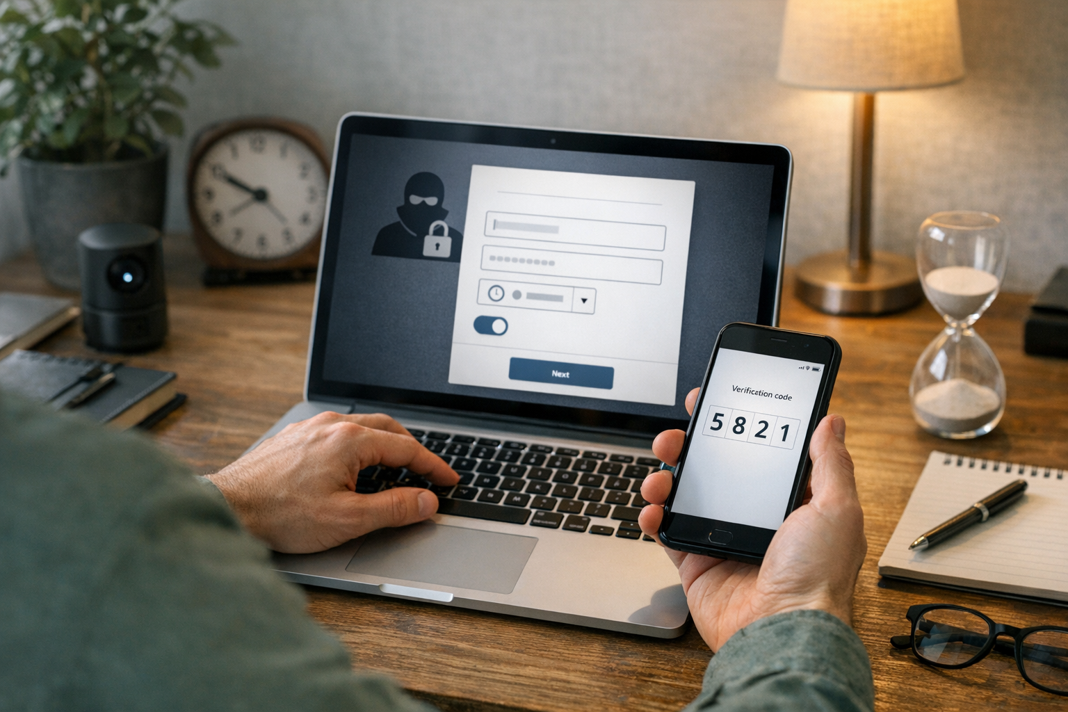 Человек регистрируется в онлайн-сервисе на ноутбуке и одновременно проверяет сма...