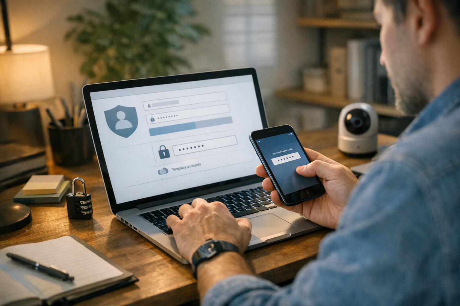 شخص يسجل في خدمة إلكترونية عبر جهاز لابتوب بينما يتفقد هاتفًا ذكيًا للحصول على ر...